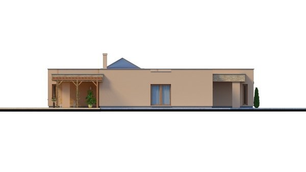 Zrkadlový pohľad 1. - Atriový zděný rodinný dům s dvojgaráží, plochou rovnou střechou a velkou krytou terasou, atrium opticky propojuje denní a noční část.