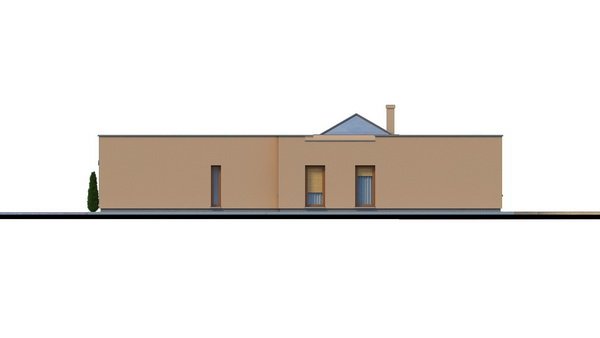 Pohľad 2. - Atriový zděný rodinný dům s dvojgaráží, plochou rovnou střechou a velkou krytou terasou, atrium opticky propojuje denní a noční část.