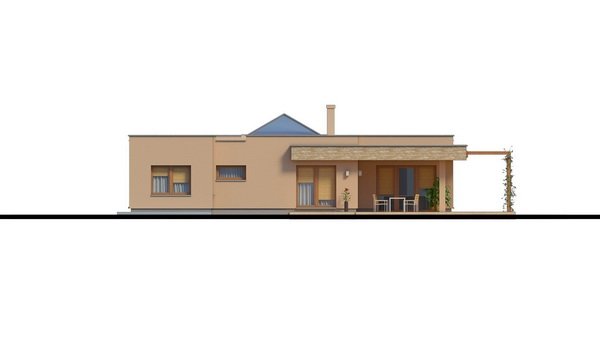 Zrkadlový pohľad 4. - Atriový zděný rodinný dům s dvojgaráží, plochou rovnou střechou a velkou krytou terasou, atrium opticky propojuje denní a noční část.