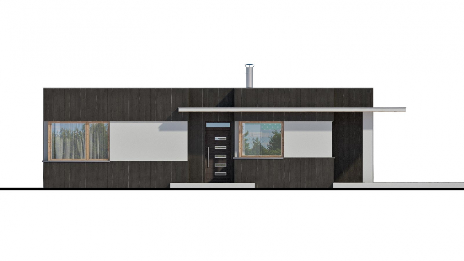 Pohľad 1. - Moderní malý projekt rodinného domu s plochou střechou na úzký pozemek. Na prosvětlení chodby slouží světlík Velux.