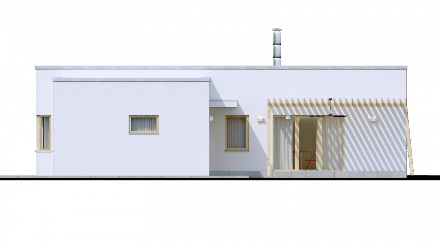 Pohľad 4. - 4-pokojový dům ve tvaru L s plochou střechou. Kuchyň s obývákem tvoří velkoprostor.