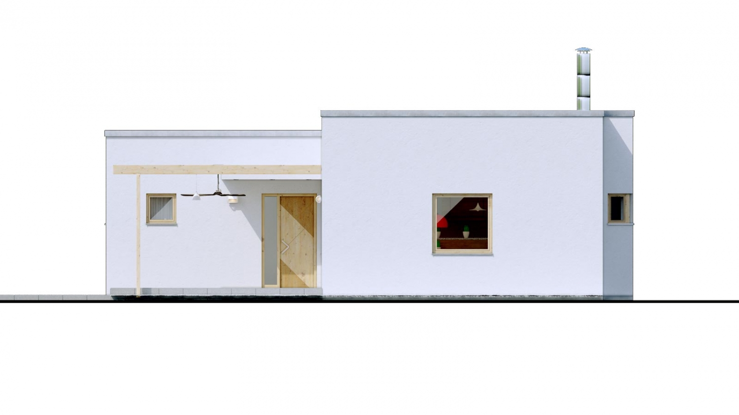 Pohľad 1. - 4-pokojový dům ve tvaru L s plochou střechou. Kuchyň s obývákem tvoří velkoprostor.