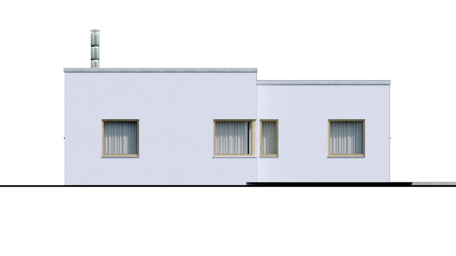 Zrkadlový pohľad 3. - 4-pokojový dům ve tvaru L s plochou střechou. Kuchyň s obývákem tvoří velkoprostor.
