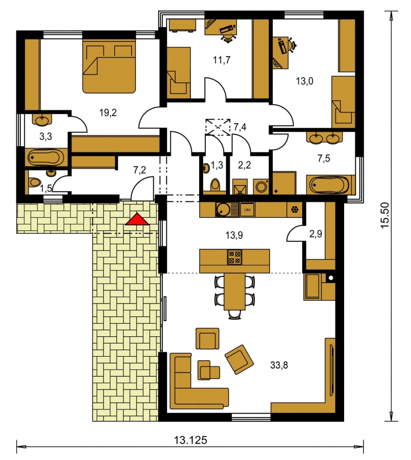 Pôdorys Prízemia - 4-pokojový dům ve tvaru L s plochou střechou. Kuchyň s obývákem tvoří velkoprostor.
