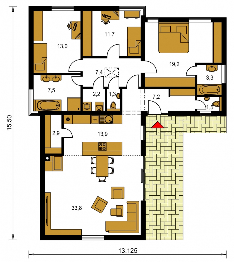 Pôdorys Prízemia - 4-pokojový dům ve tvaru L s plochou střechou. Kuchyň s obývákem tvoří velkoprostor.