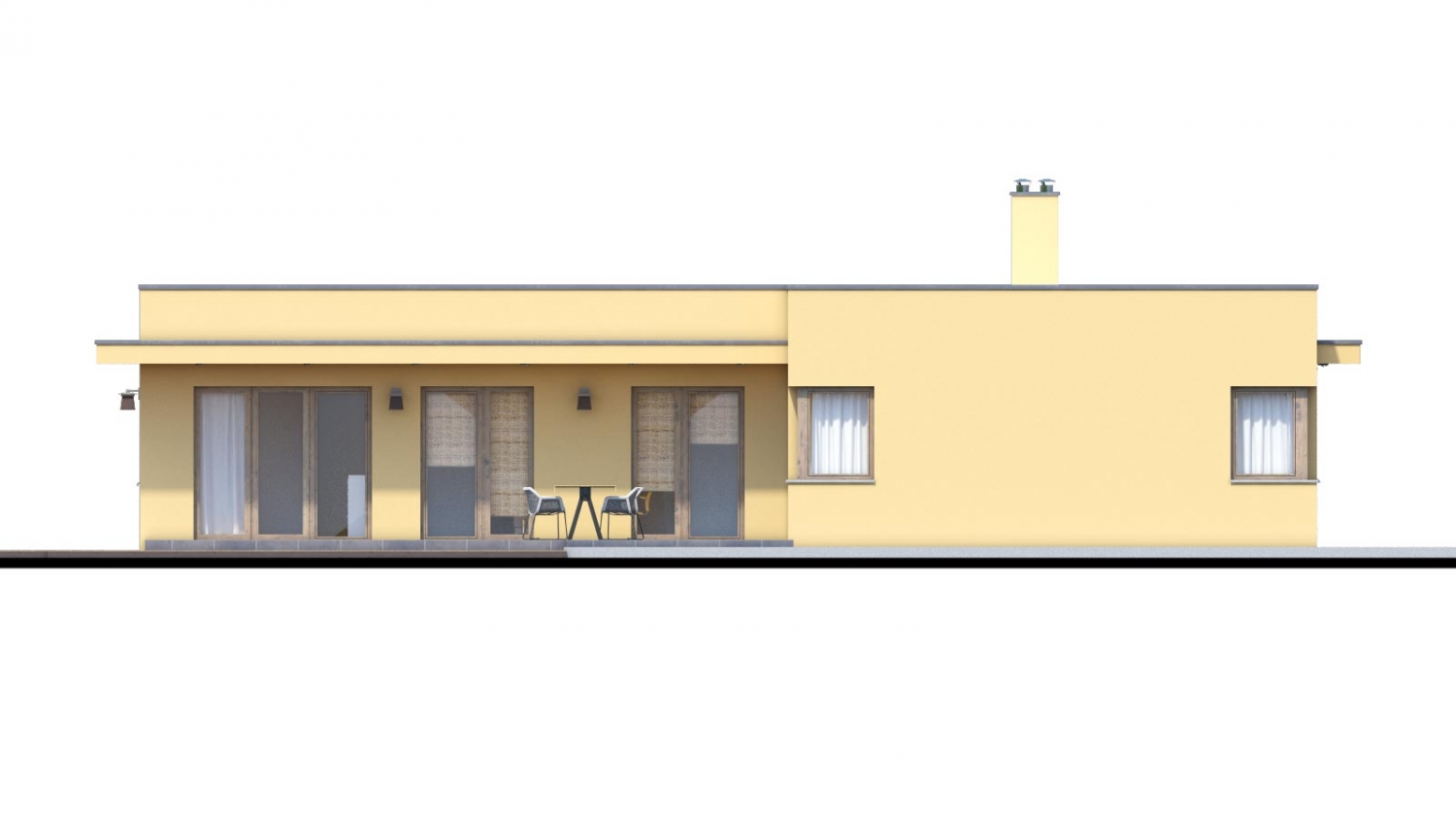 Zrkadlový pohľad 4. - Moderní dům ve tvaru L s rohovými okny a s krytým stáním pro auto. Obytné místnosti jsou orientovány do zahrady.