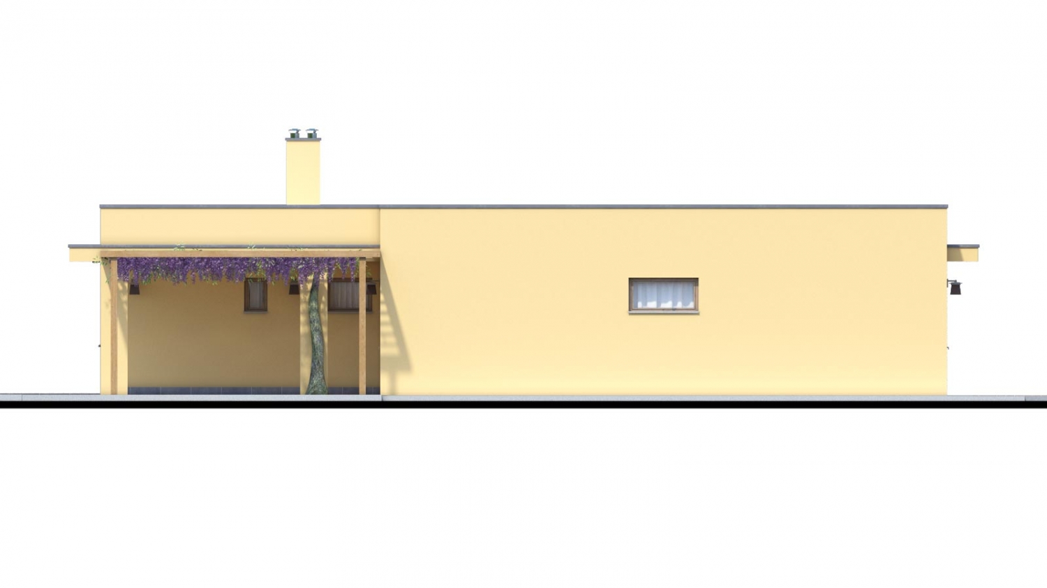 Zrkadlový pohľad 2. - Moderní dům ve tvaru L s rohovými okny a s krytým stáním pro auto. Obytné místnosti jsou orientovány do zahrady.