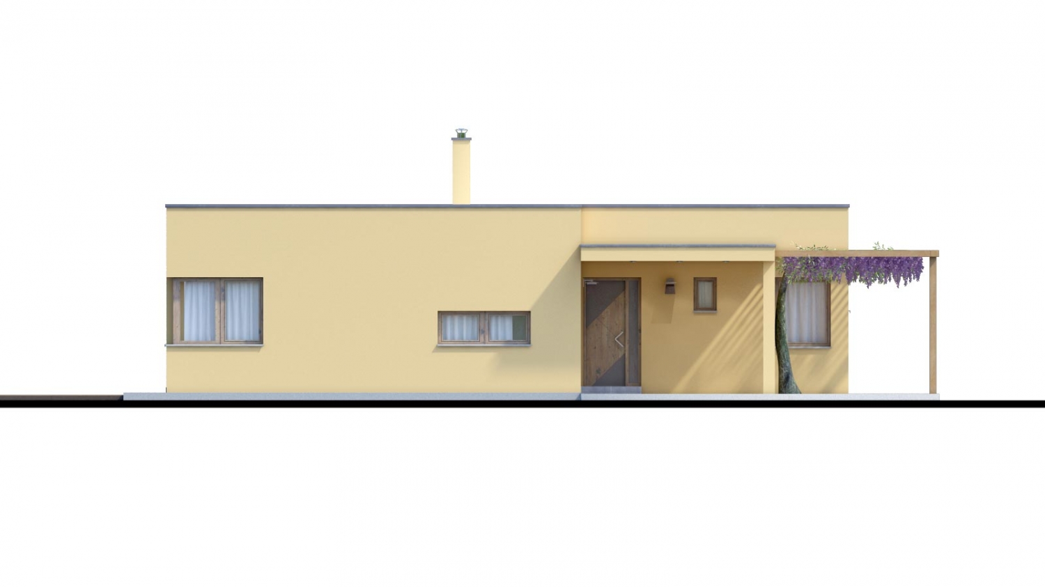 Zrkadlový pohľad 1. - Moderní dům ve tvaru L s rohovými okny a s krytým stáním pro auto. Obytné místnosti jsou orientovány do zahrady.