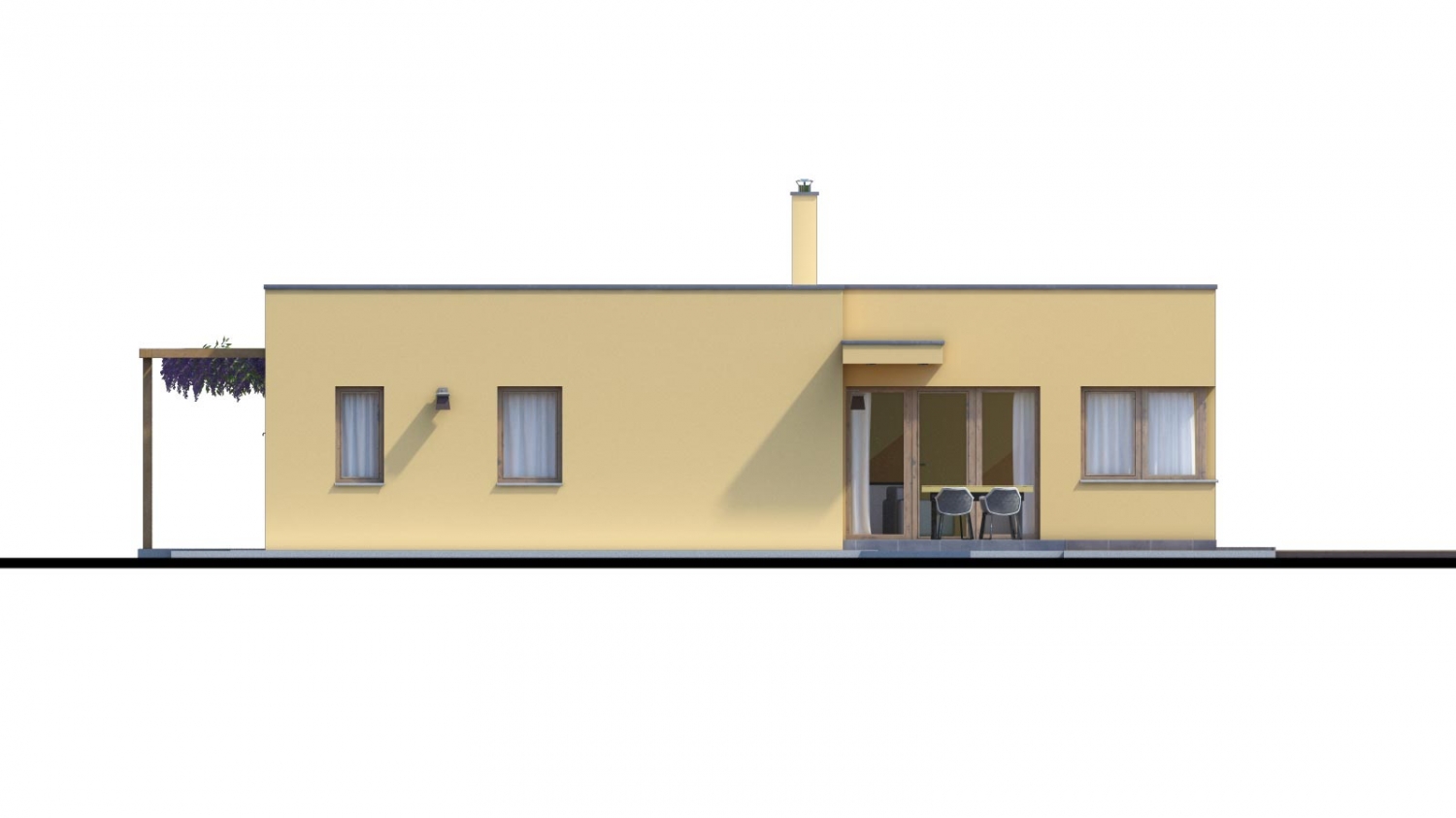 Zrkadlový pohľad 3. - Moderní dům ve tvaru L s rohovými okny a s krytým stáním pro auto. Obytné místnosti jsou orientovány do zahrady.