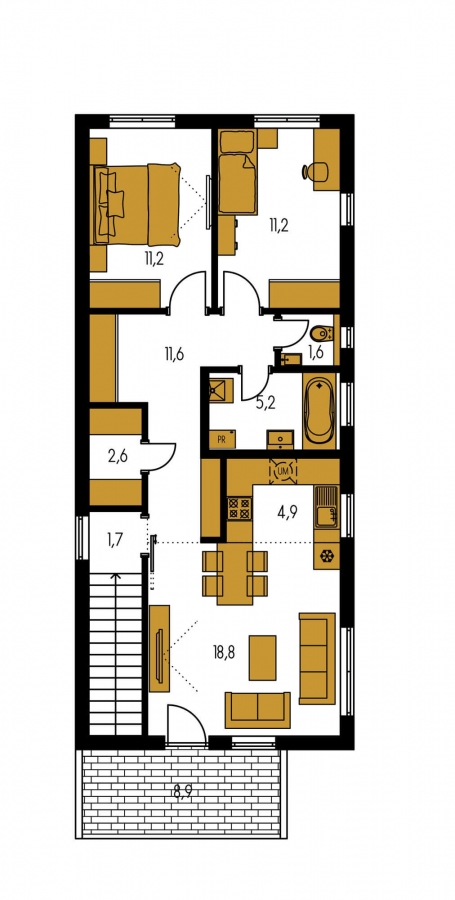 Pôdorys Poschodia - Zděný dům se dvěma bytovými jednotkami a samostatnými vstupy.