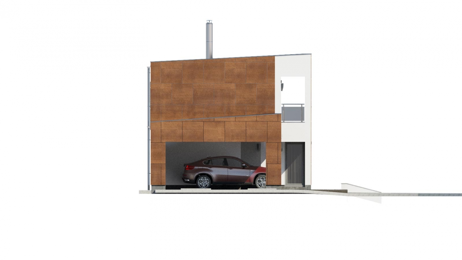 Zrkadlový pohľad 4. - Moderní poschoďový dům s plochou střechou a přístřeškem pro auta. Vhodný na úzký pozemek. Je možnost realizovat bez přístřešku, případně přístřešek upravit na garáž.