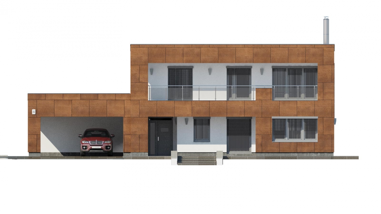 Pohľad 1. - Moderní poschoďový dům s plochou střechou a přístřeškem pro auta. Vhodný na úzký pozemek. Je možnost realizovat bez přístřešku, případně přístřešek upravit na garáž.