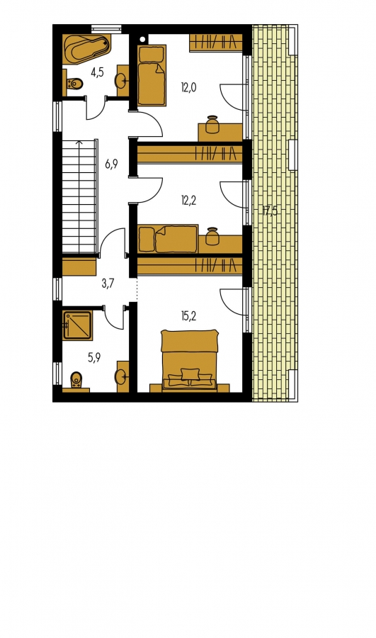 Pôdorys Poschodia - Moderní poschoďový dům s plochou střechou a přístřeškem pro auta. Vhodný na úzký pozemek. Je možnost realizovat bez přístřešku, případně přístřešek upravit na garáž.