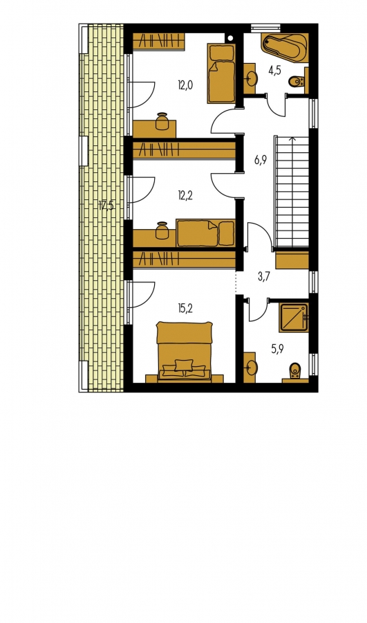 Pôdorys Poschodia - Moderní poschoďový dům s plochou střechou a přístřeškem pro auta. Vhodný na úzký pozemek. Je možnost realizovat bez přístřešku, případně přístřešek upravit na garáž.