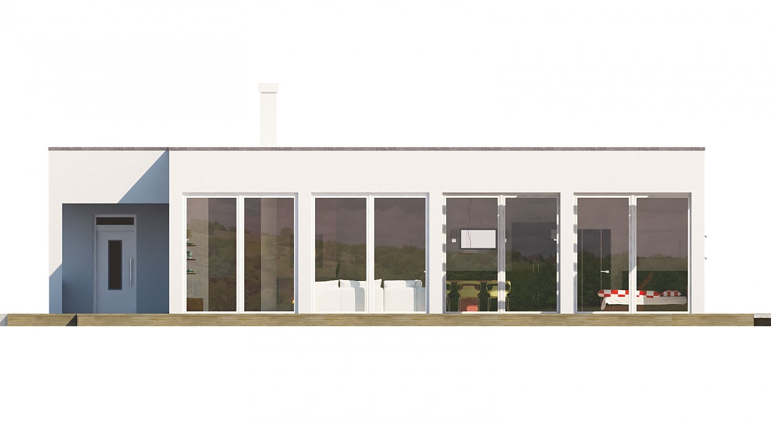 Zrkadlový pohľad 2. - Rodinný dům do tvaru L s garáží, s plochou rovnou střechou.