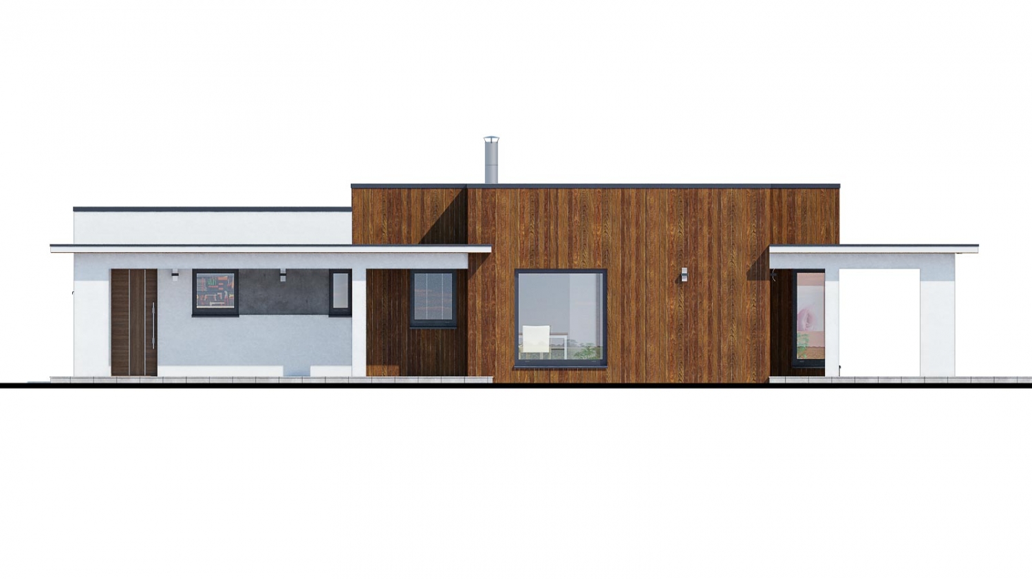Pohľad 3. - Moderní dům zděný s dvojgaráží, plochou střechou a krytou terasou.