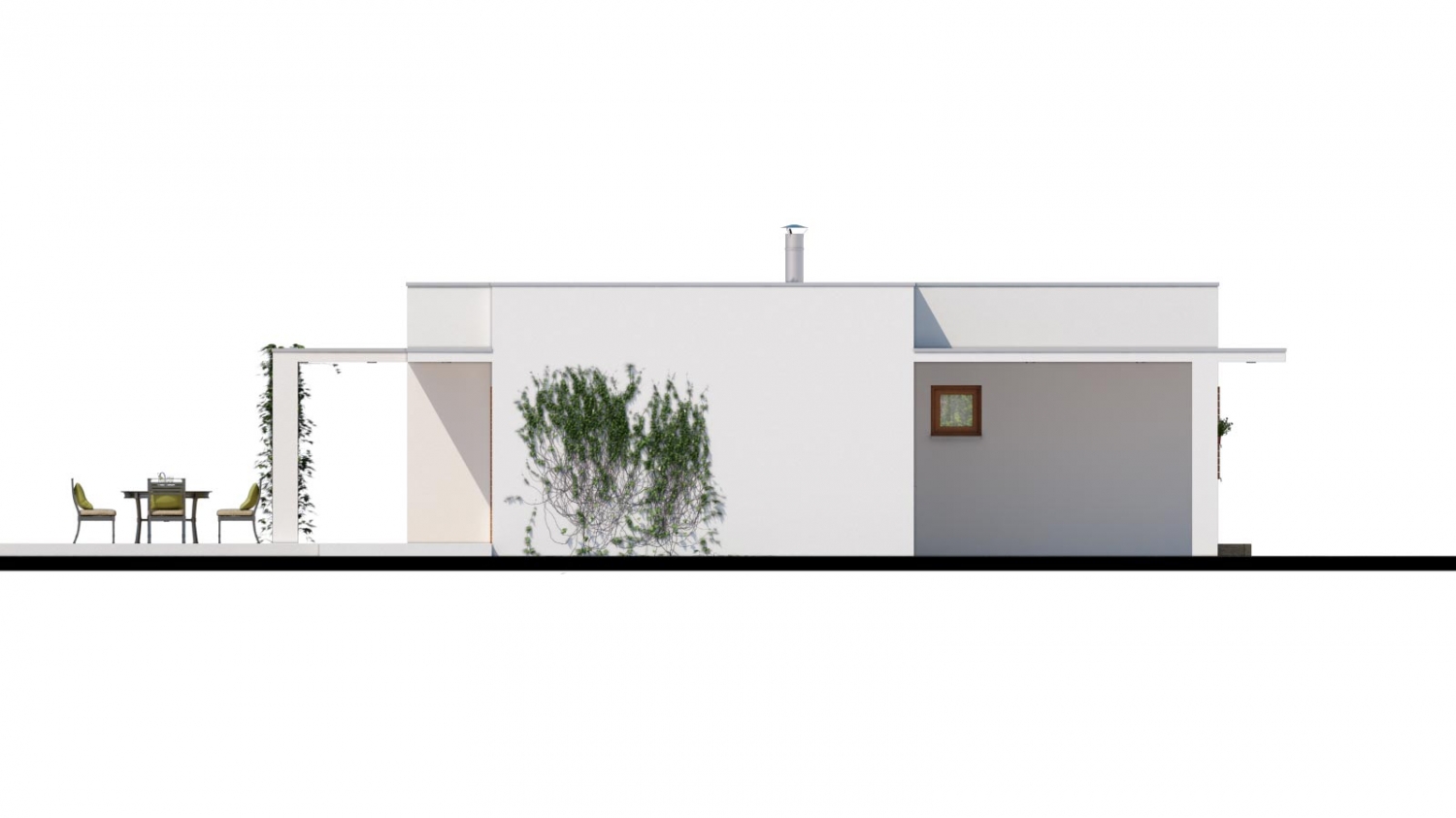 Pohľad 4. - Luxusní 4 - pokojový rodinný dům s plochou rovnou střechou a krytým stáním. Obytná část je orientována do zahrady na terasu.