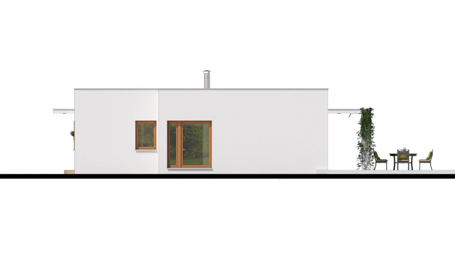 Pohľad 2. - Luxusní 4 - pokojový rodinný dům s plochou rovnou střechou a krytým stáním. Obytná část je orientována do zahrady na terasu.