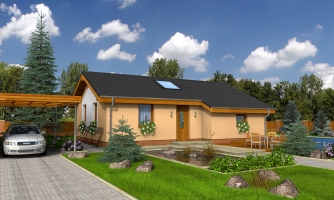 Levný úzký dům na malý pozemek se sedlovou střechou, prosvětlený střešními okny Velux. Efekt podkroví na přízemí.