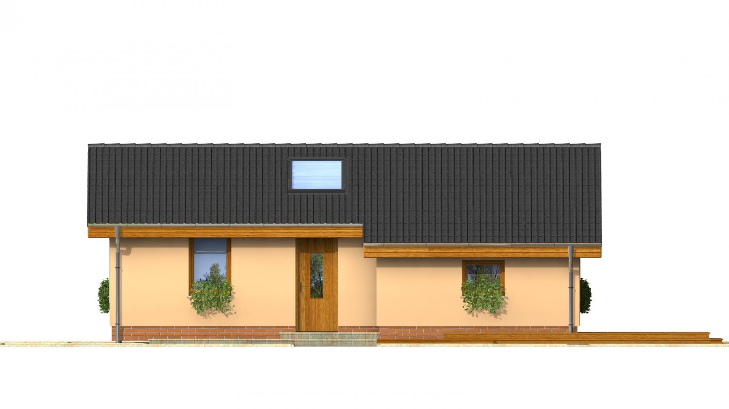 Pohľad 1. - Levný úzký dům na malý pozemek se sedlovou střechou, prosvětlený střešními okny Velux. Efekt podkroví na přízemí.