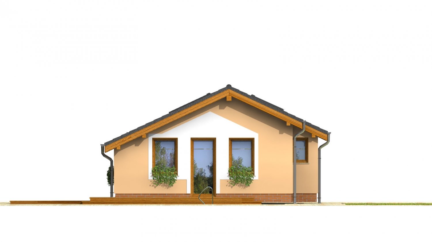 Pohľad 4. - Levný úzký dům na malý pozemek se sedlovou střechou, prosvětlený střešními okny. Efekt podkroví na přízemí.