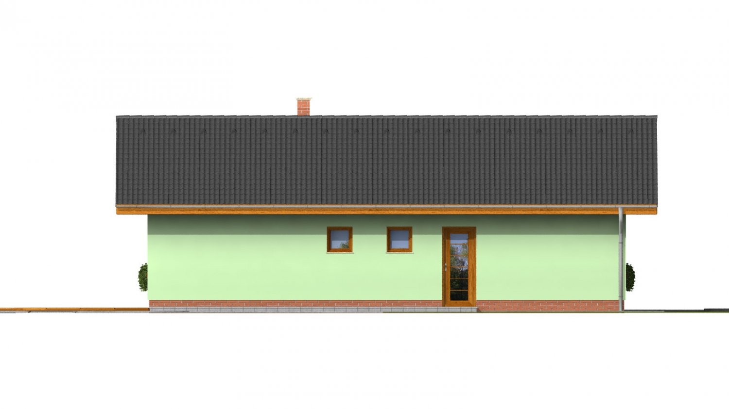 Pohľad 1. - Zděný dům s bočním vstupem a sedlovými střechami.