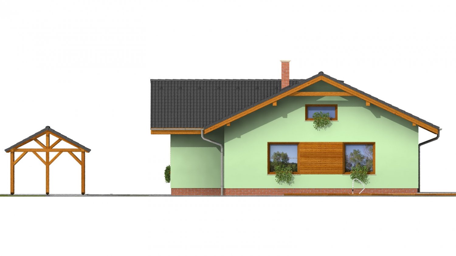Pohľad 2. - Zděný dům s bočním vstupem a sedlovými střechami.
