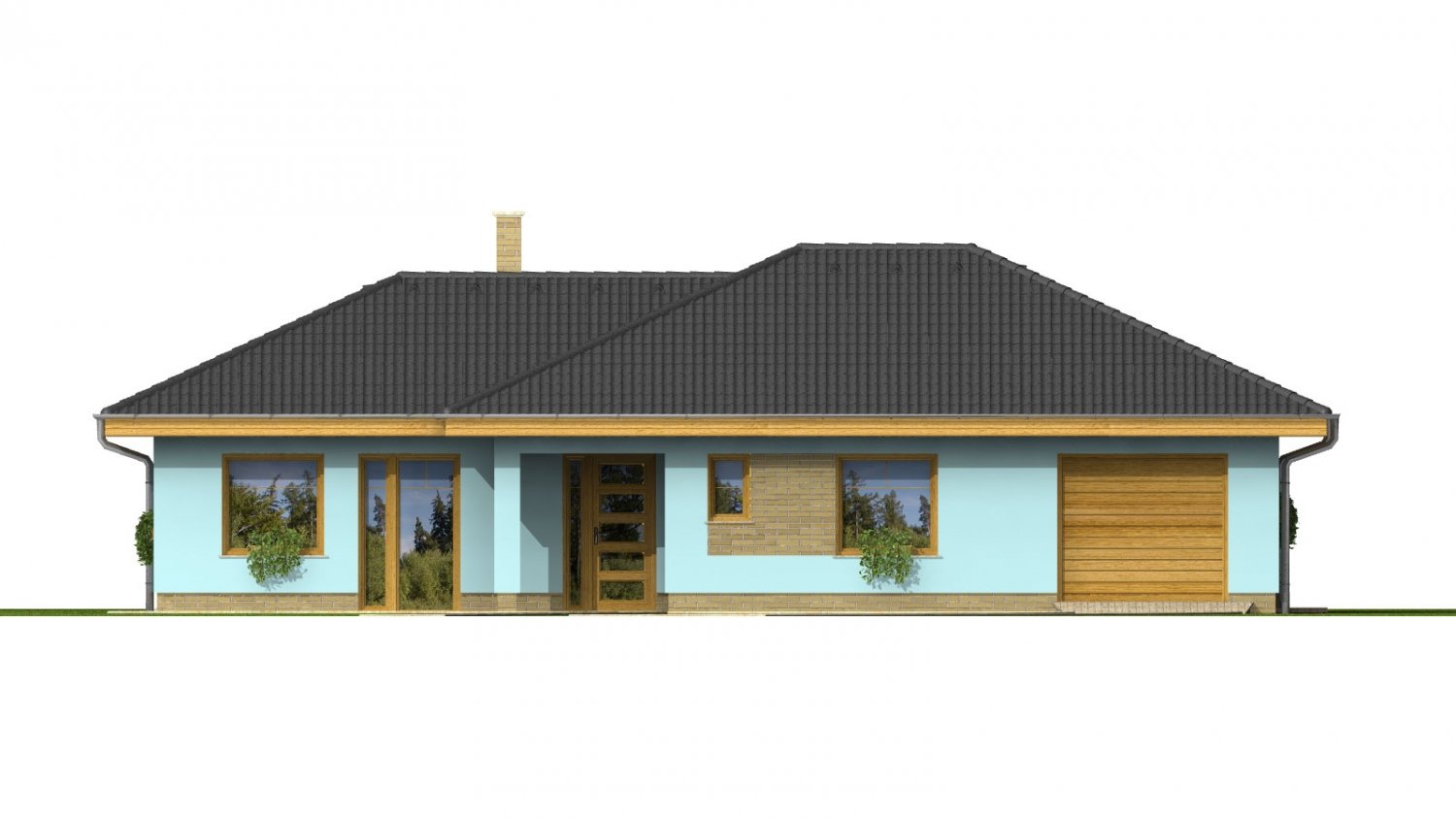 Pohľad 1. - Dům ve tvaru L s garáží a oddělenou denní a noční částí.