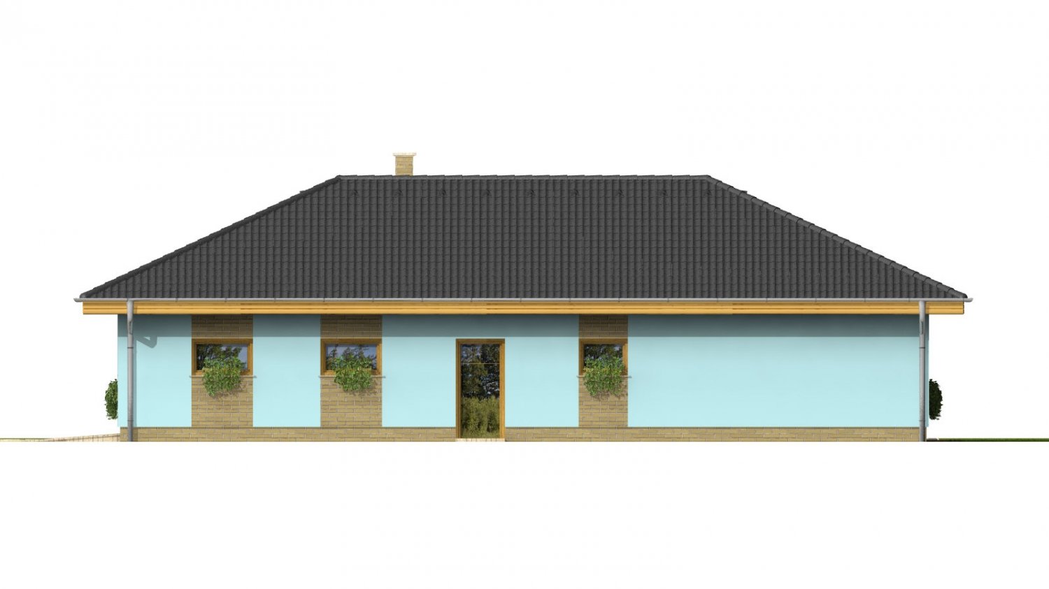 Pohľad 4. - Dům ve tvaru L s garáží a oddělenou denní a noční částí.