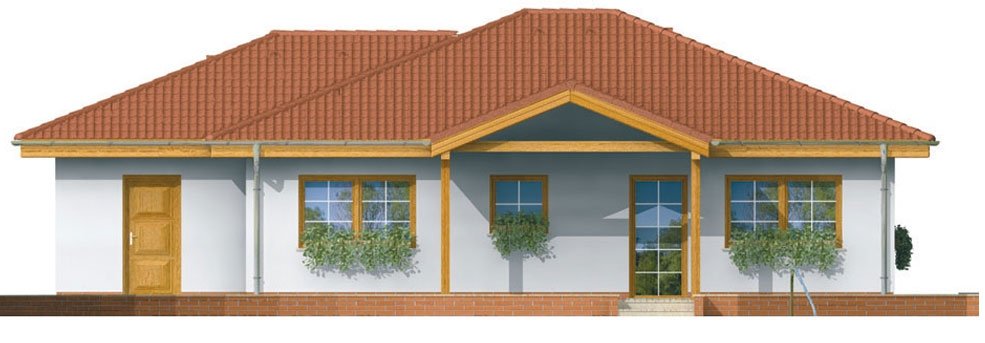 Pohľad 3. - Přízemní rodinný dům. Dá se realizovat i bez garáže. Vhodný na široký a úzký pozemek.