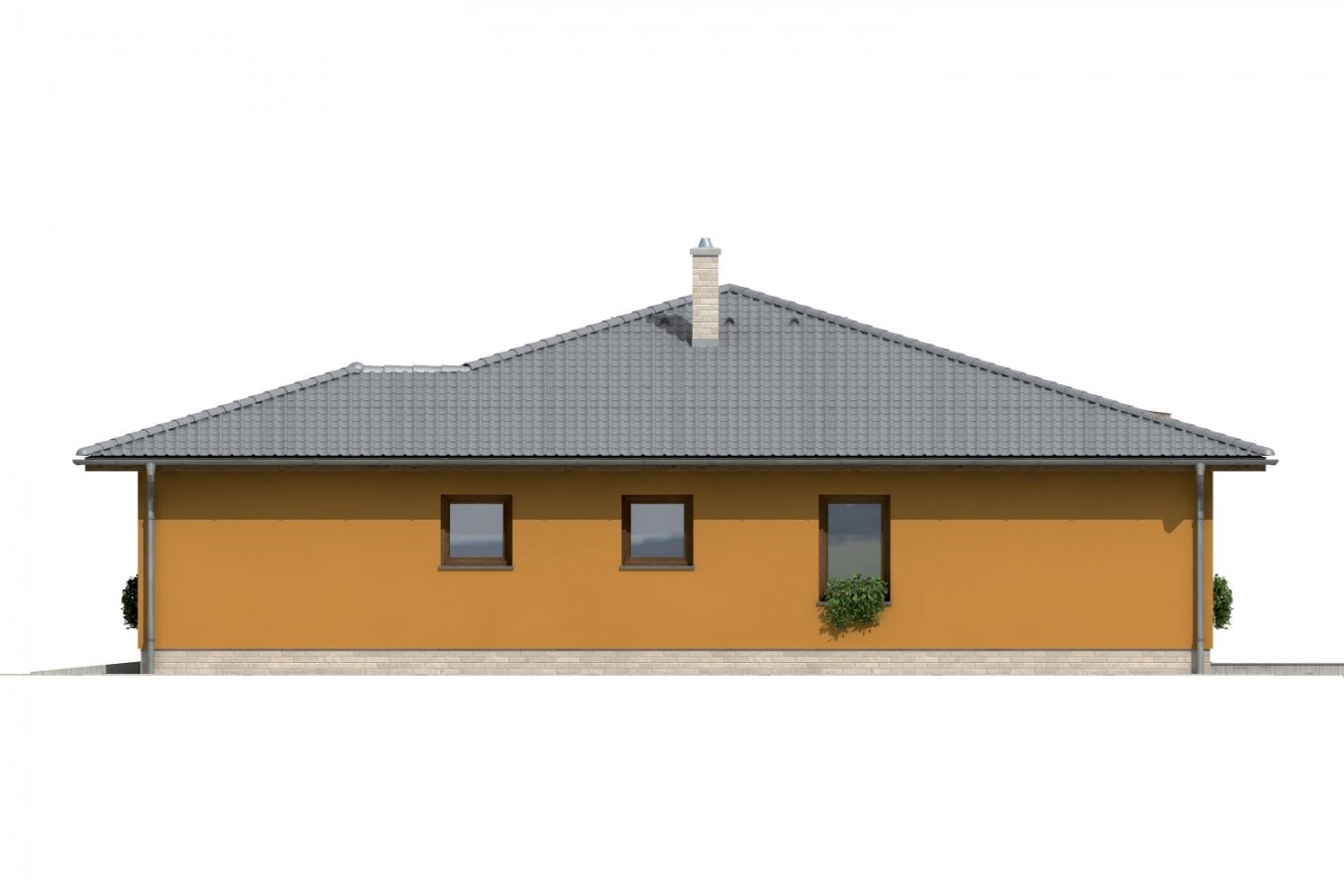 Pohľad 4. - Dům se stanovou střechou a prosvětlenou obývacím pokojem se střešními okny.