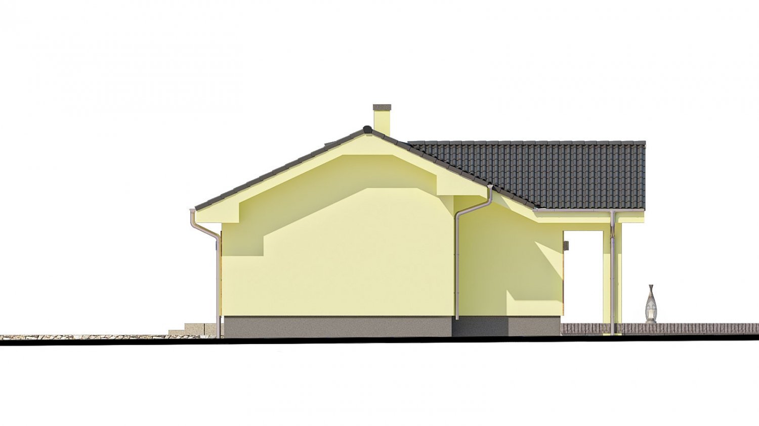 Zrkadlový pohľad 2. - Malý dům s terasou. Může být realizován jako dvojdům s projektem v zrcadlovém obraze.