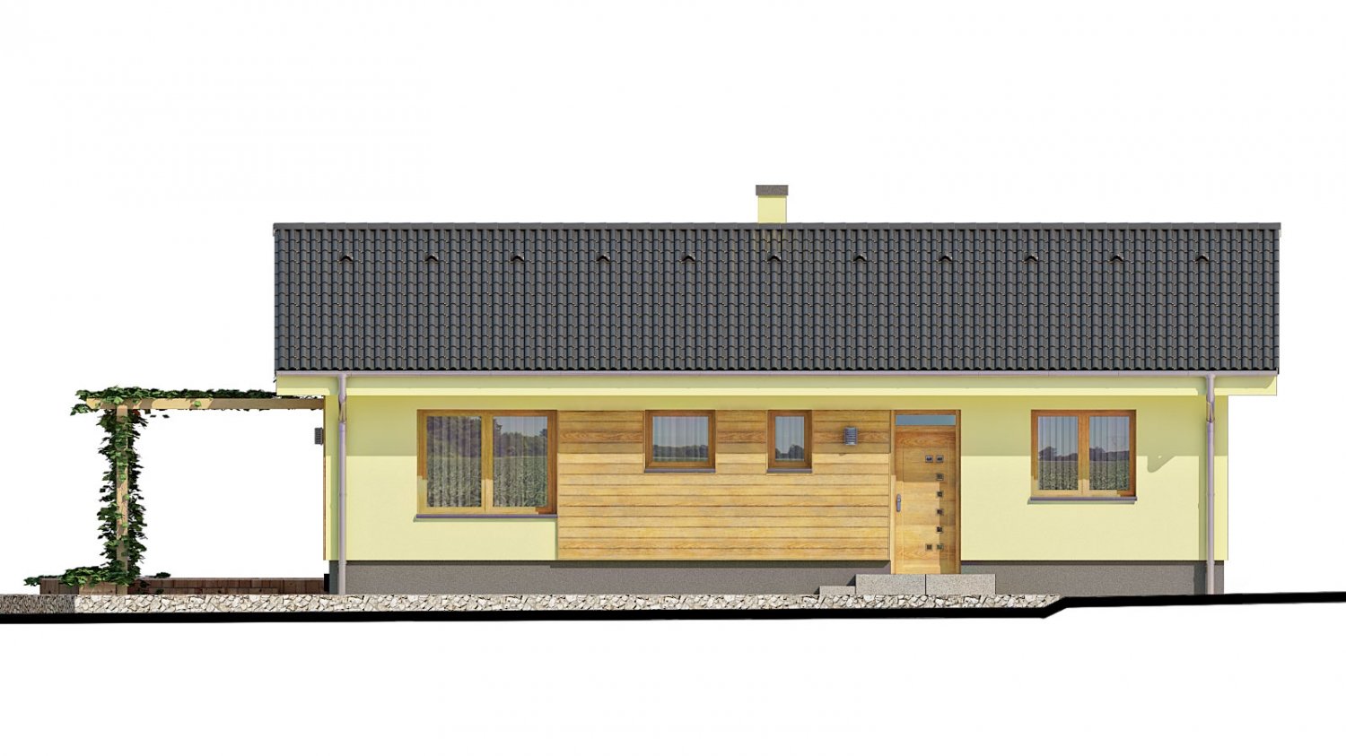 Zrkadlový pohľad 1. - Malý dům s terasou. Může být realizován jako dvojdům s projektem v zrcadlovém obraze.