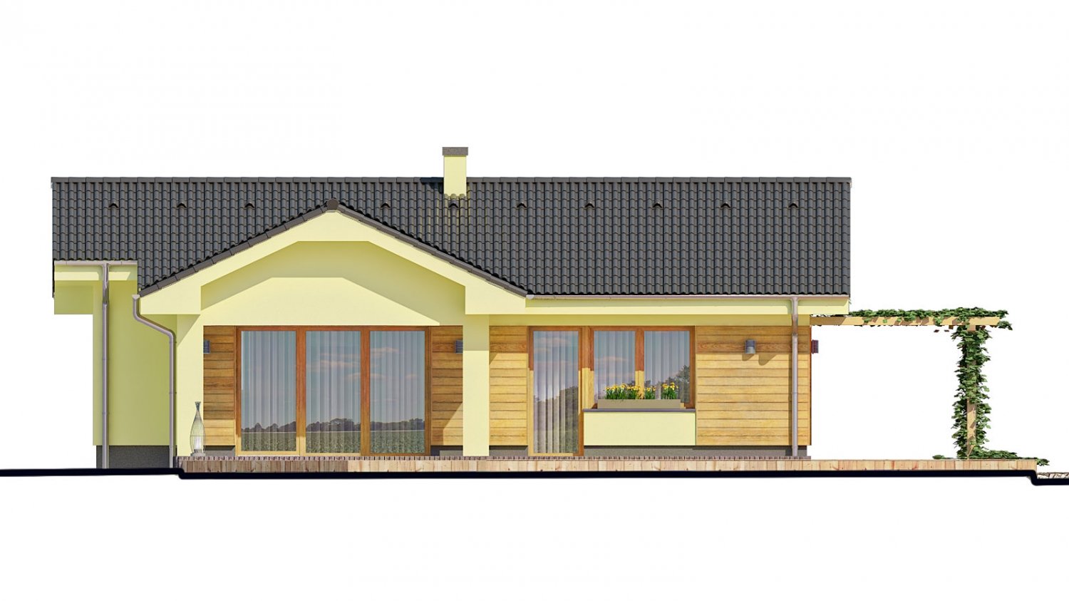 Zrkadlový pohľad 3. - Malý dům s terasou. Může být realizován jako dvojdům s projektem v zrcadlovém obraze.
