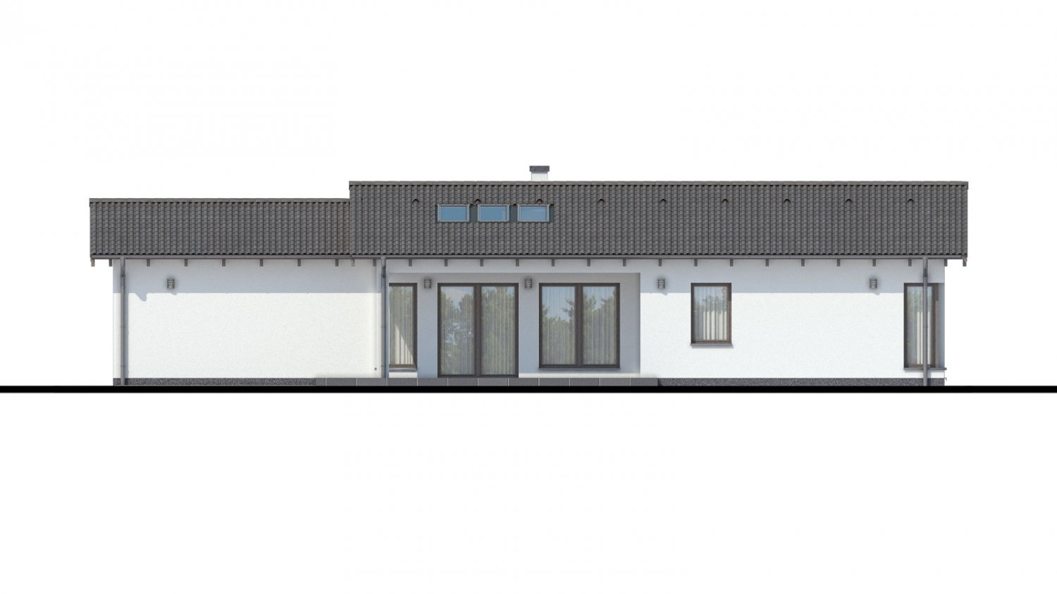 Pohľad 3. - Projekt domu bungalov s dvojgaráží a s prosvětlenou obývacím pokojem střešními okny.