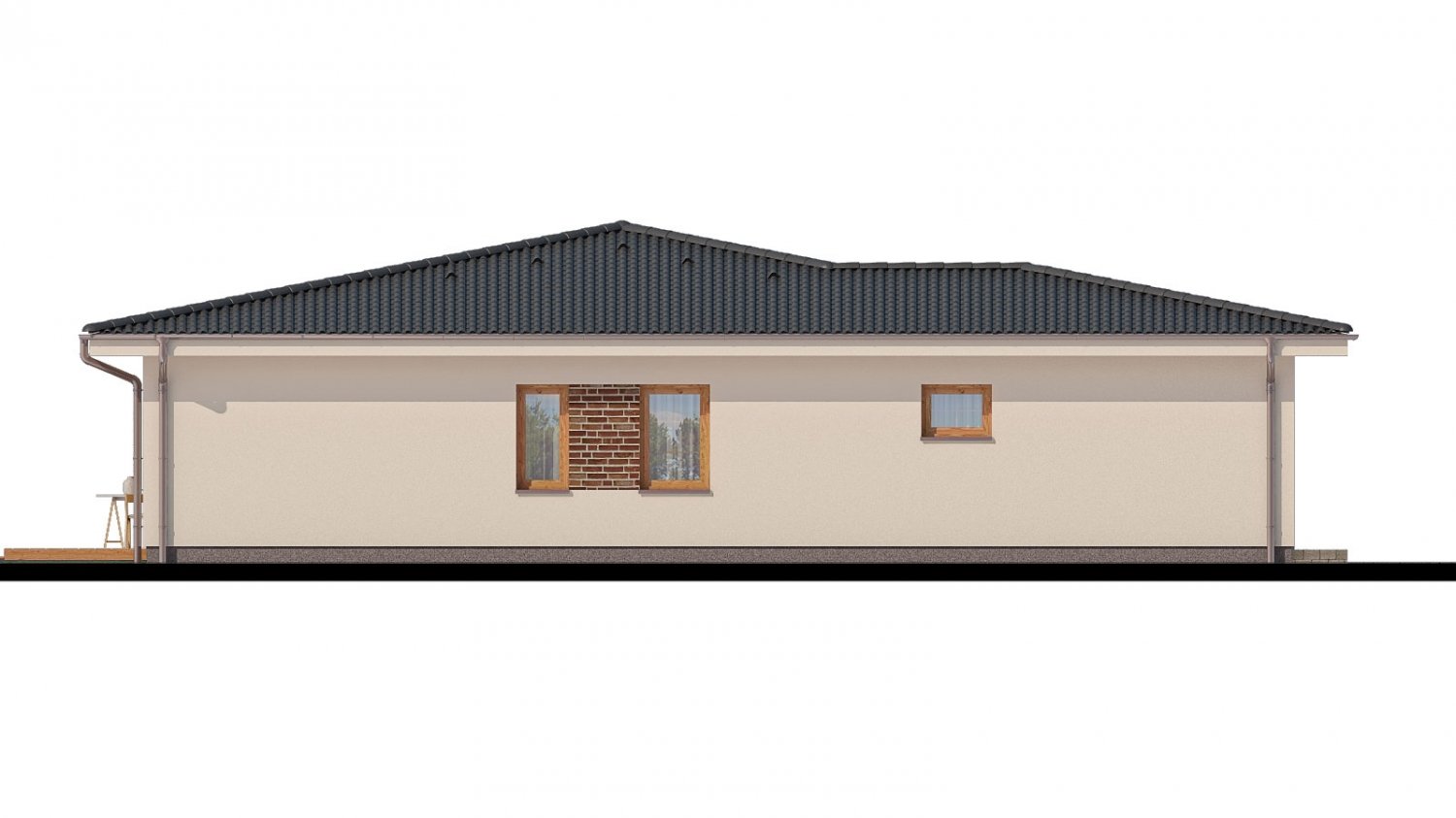 Pohľad 4. - Projekt rodinného domu s garáží a prostornou obývacím pokojem.