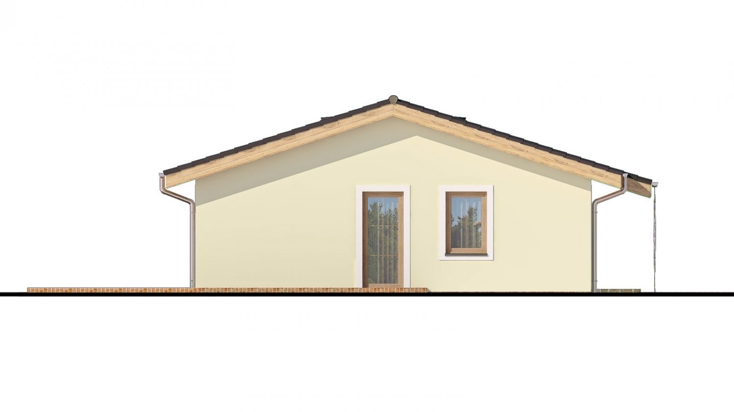 Pohľad 4. - Zděný projekt rodinného domu na úzký pozemek se sedlovou střechou. Zpracovaný v 3d realitě s umístěním na pozemek.
