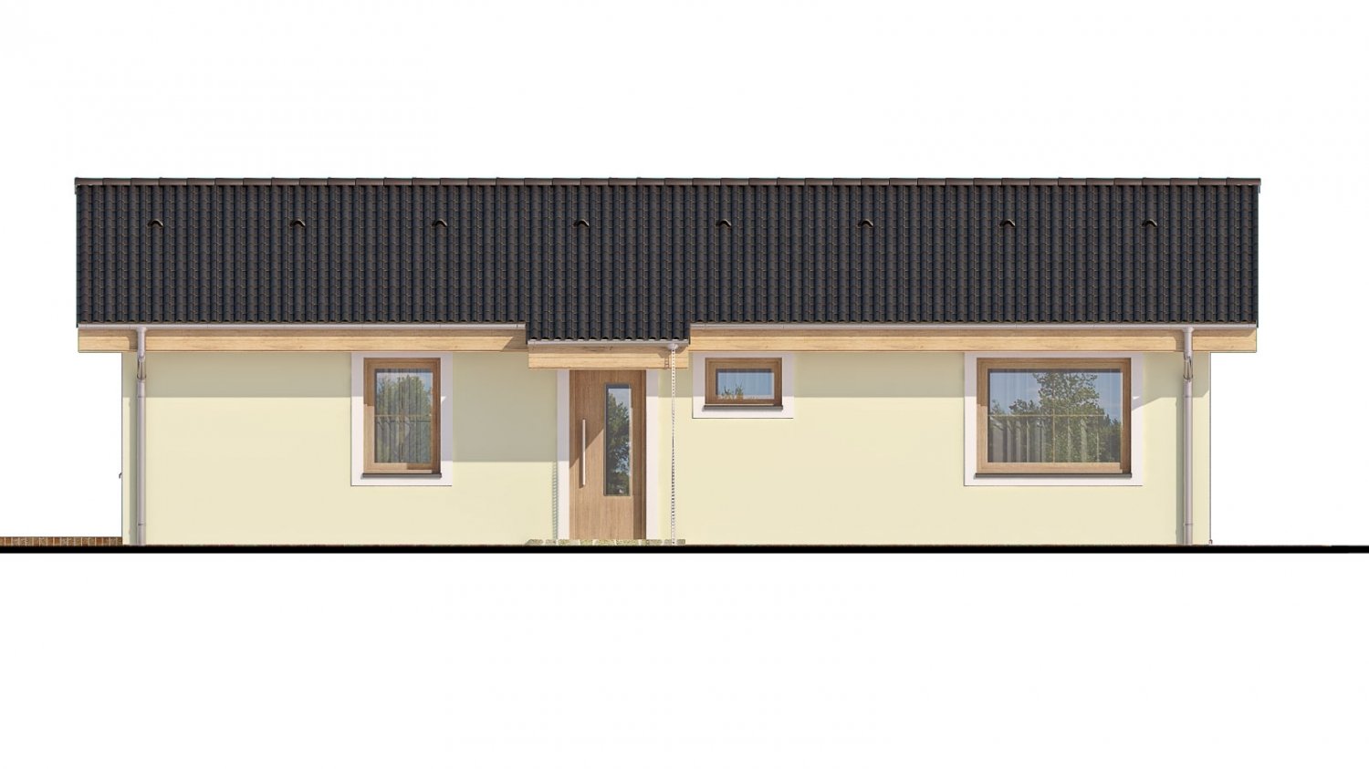 Pohľad 1. - Zděný projekt rodinného domu na úzký pozemek se sedlovou střechou. Zpracovaný v 3d realitě s umístěním na pozemek.