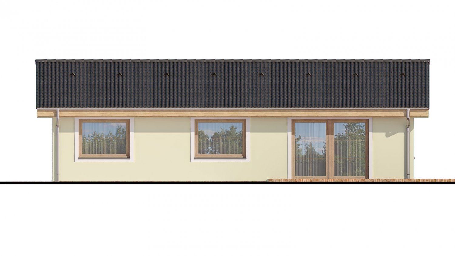 Pohľad 3. - Zděný projekt rodinného domu na úzký pozemek se sedlovou střechou. Zpracovaný v 3d realitě s umístěním na pozemek.