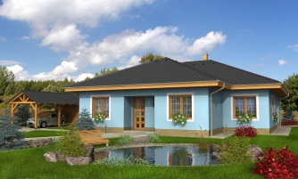 Projekt domu bungalov s valbovou střechou a krytou terasou.