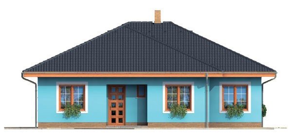 Pohľad 1. - Projekt domu bungalov s valbovou střechou a krytou terasou.