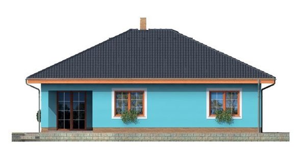 Pohľad 3. - Projekt domu bungalov s valbovou střechou a krytou terasou.