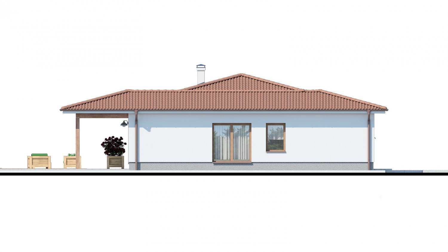 Pohľad 4. - Klasický bungalov s malým sklonem střechy.