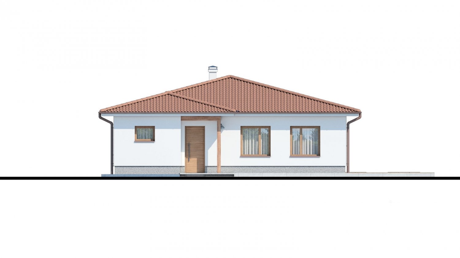 Pohľad 1. - Klasický bungalov s malým sklonem střechy.