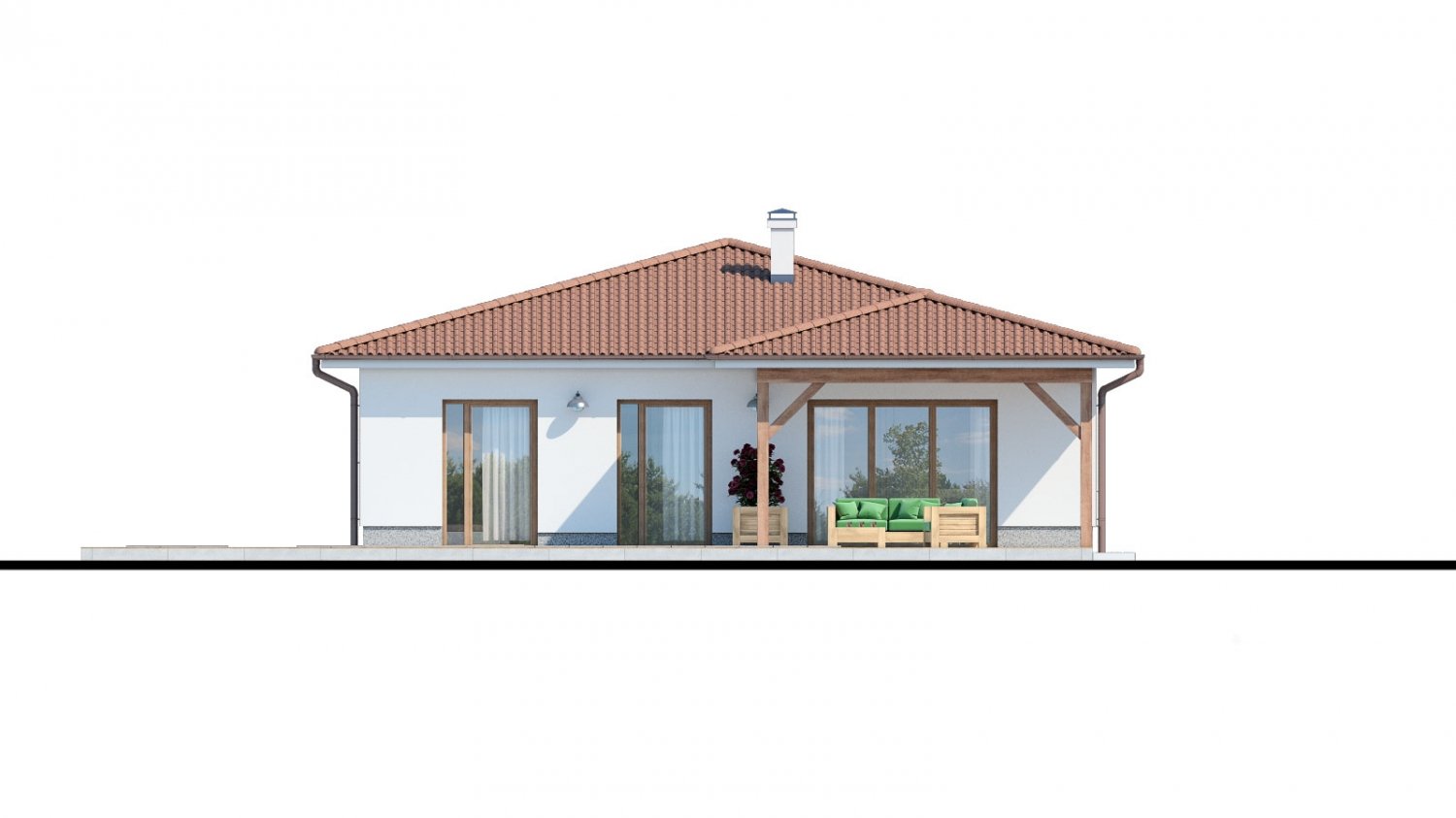 Zrkadlový pohľad 3. - Klasický bungalov s malým sklonem střechy.