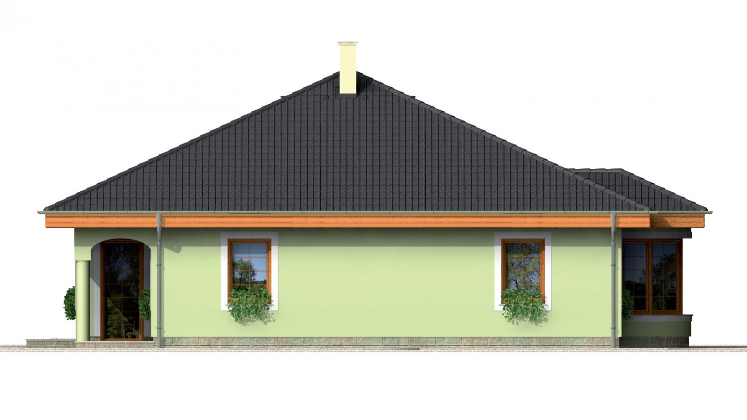 Pohľad 2. - Přízemní projekt domu s krytou terasou a obloukovým jídelním koutem.