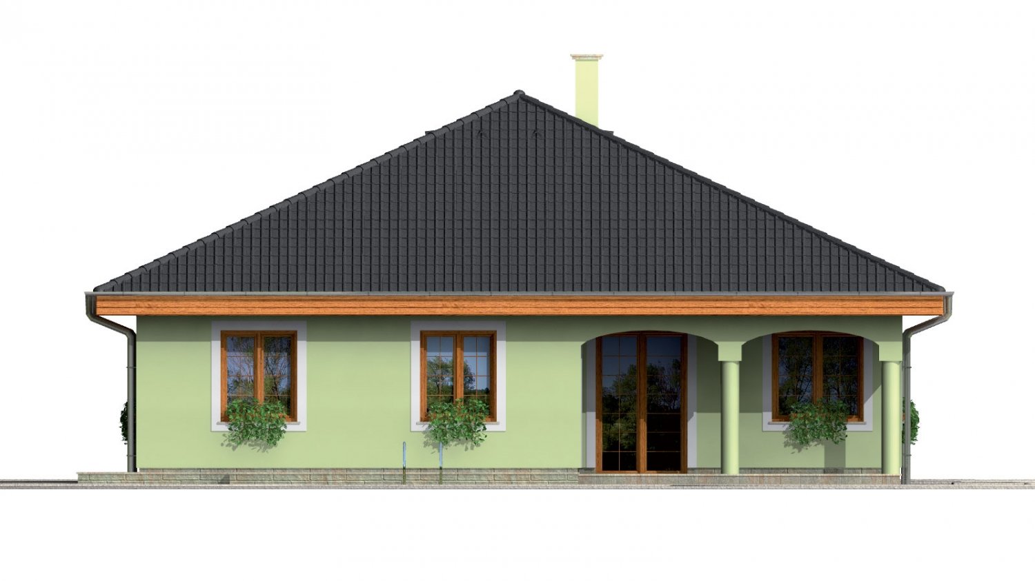 Pohľad 3. - Přízemní projekt domu s krytou terasou a obloukovým jídelním koutem.