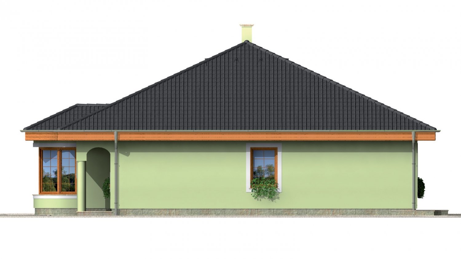 Zrkadlový pohľad 4. - Přízemní projekt domu s krytou terasou a obloukovým jídelním koutem.