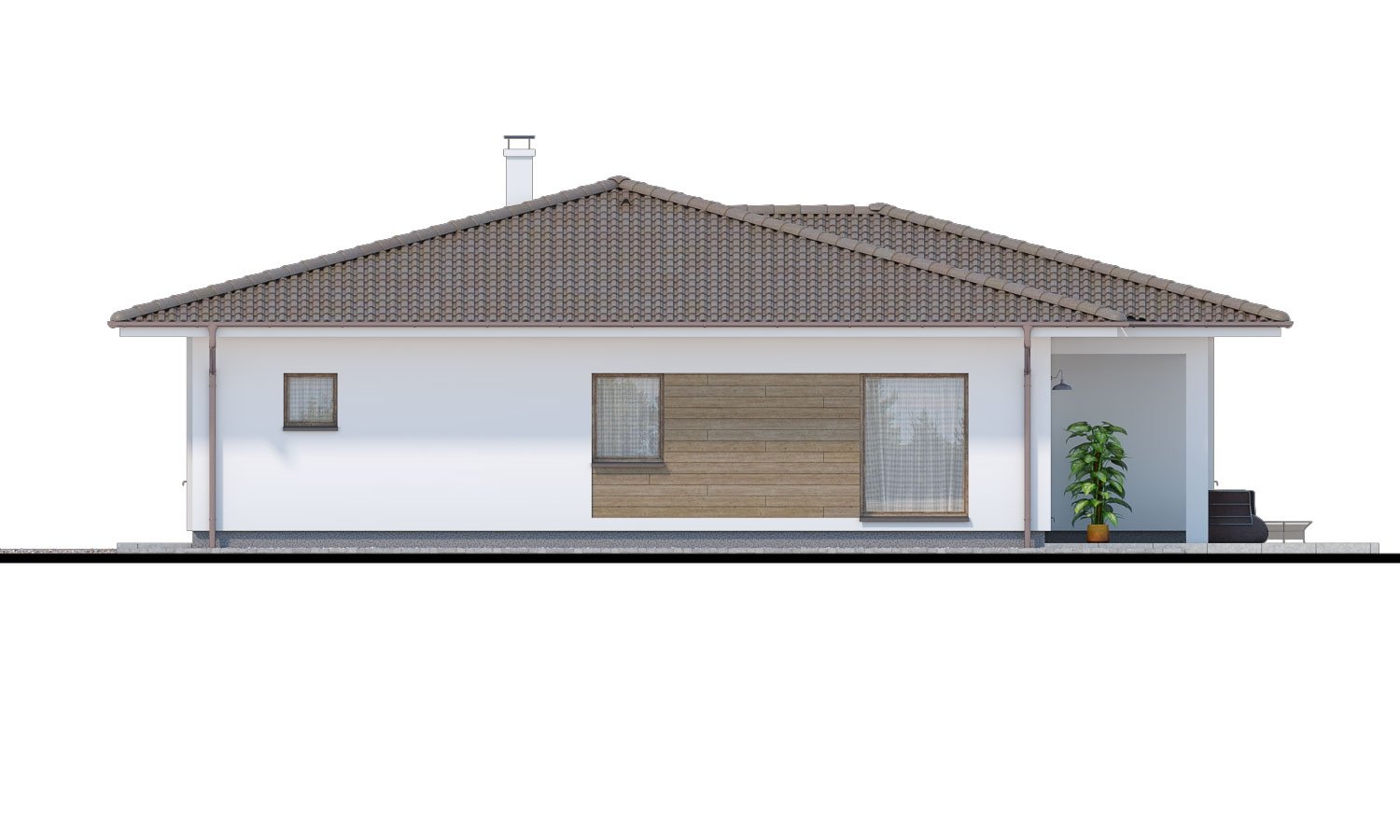 Pohľad 2. - Oblíbený zděný projekt domu do tvaru L s terasou a valbovou střechou.