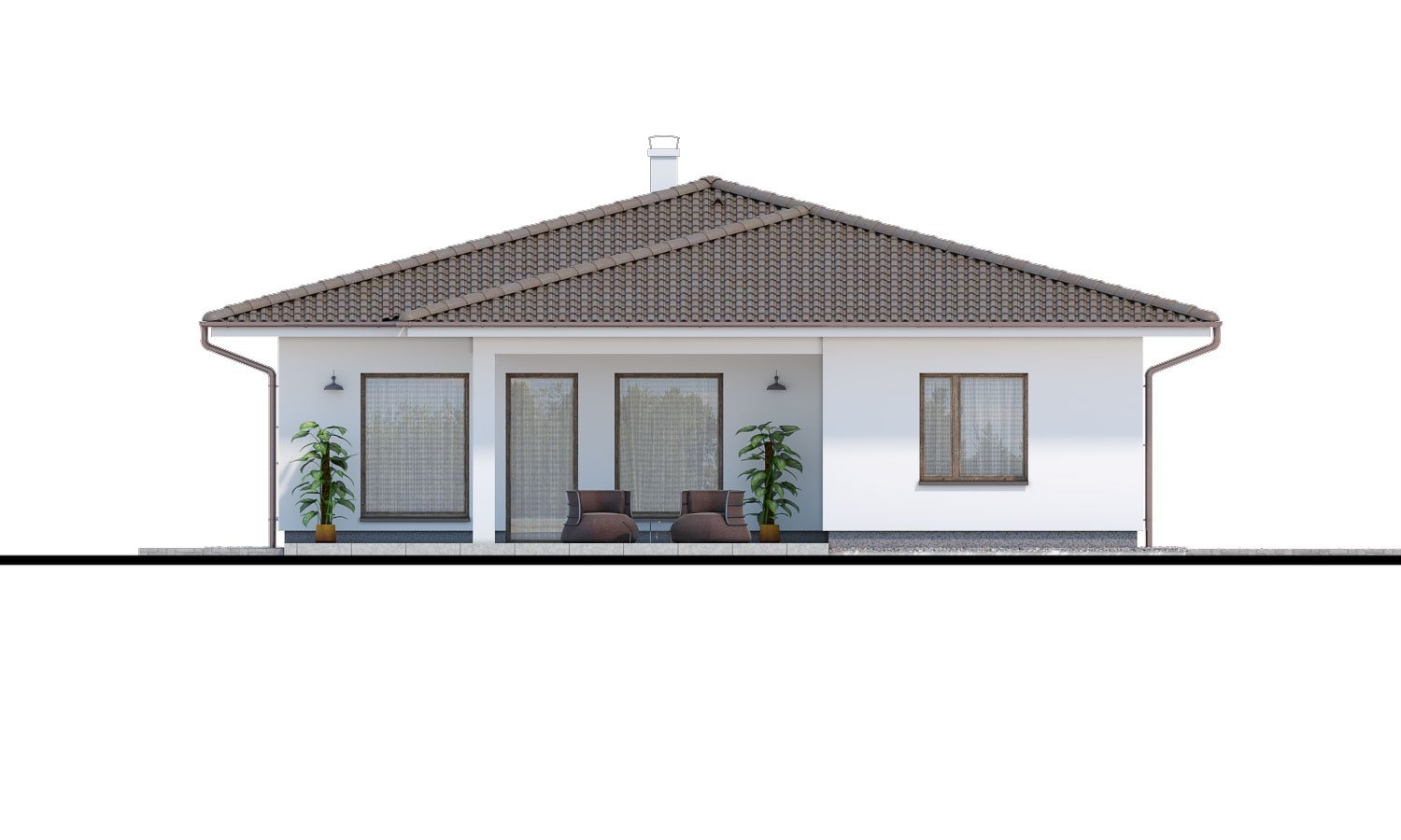 Zrkadlový pohľad 3. - Oblíbený zděný projekt domu do tvaru L s terasou a valbovou střechou.